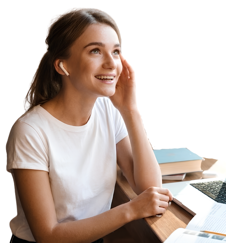 Woman studying with an earbud in
