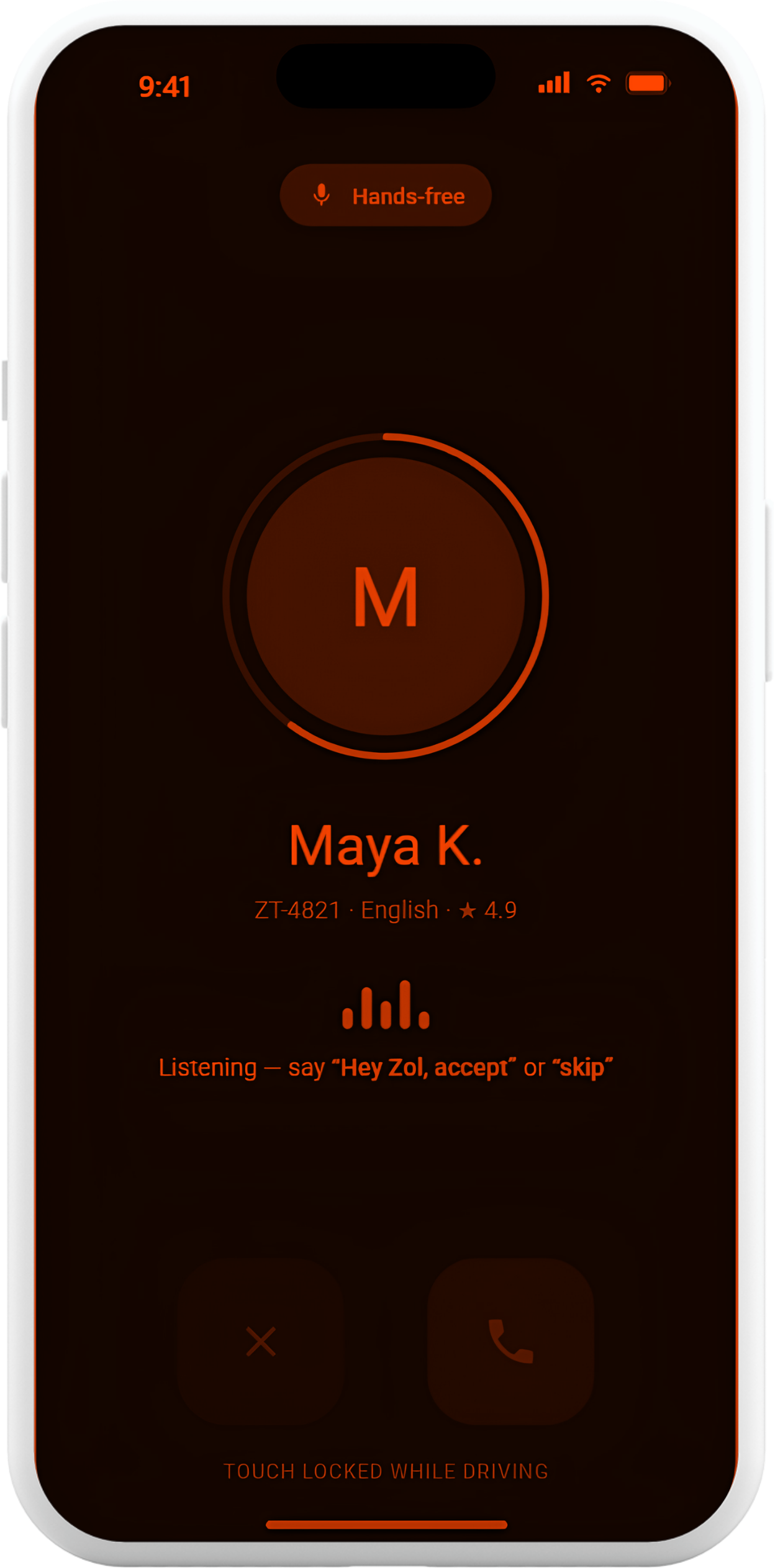 ZolTalk call screen — incoming match